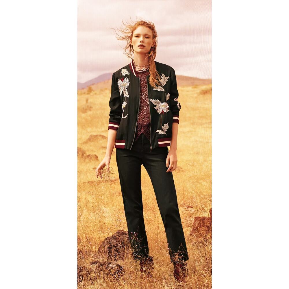 Anthropologie Elevenses Women's Embroidered Solstice Bomber Black Silver Red XS‎